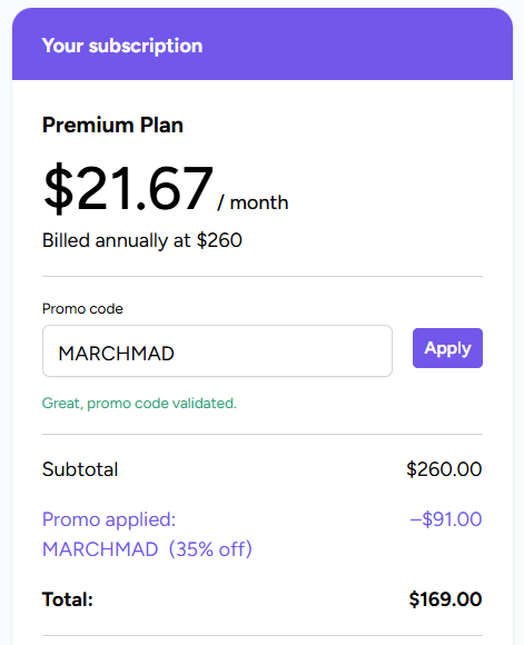 Point.me checkout page showing promo code MARCHMAD applied