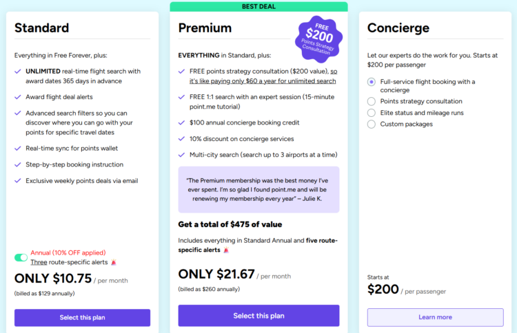 Screenshot of Point.me membership tiers