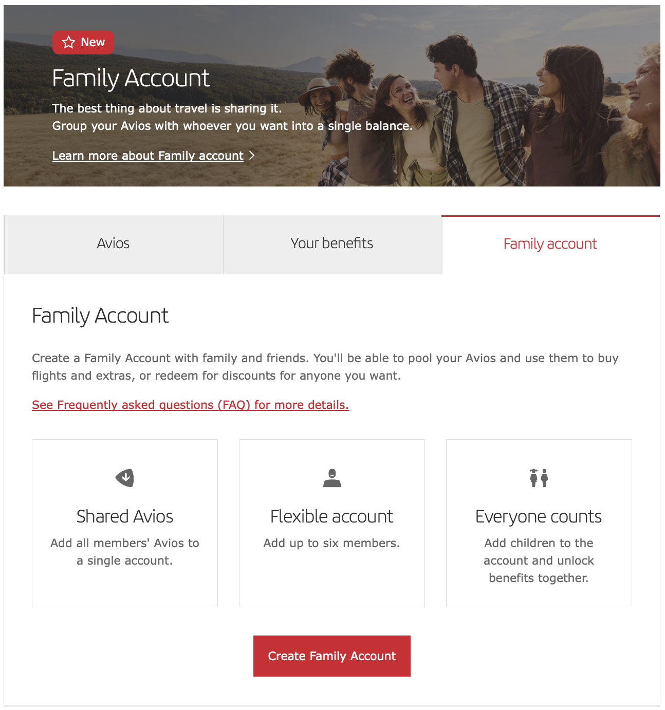 Screenshot of section to create family account with Iberia