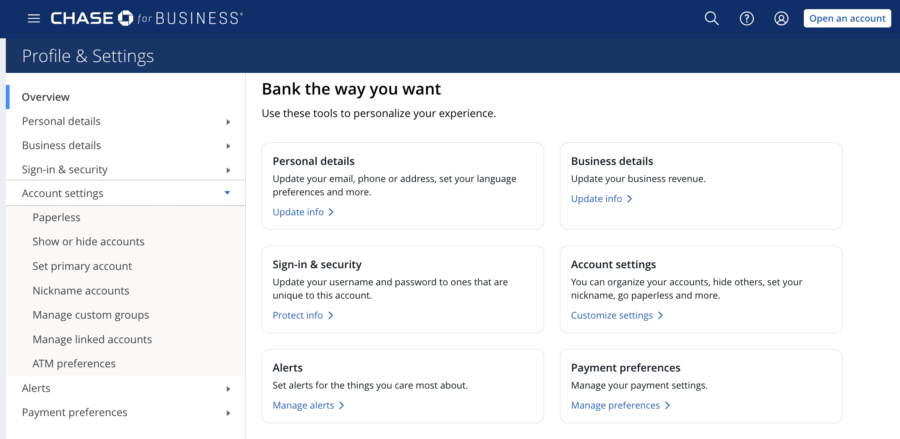 Screenshot of Chase Business Profile Account Settings page