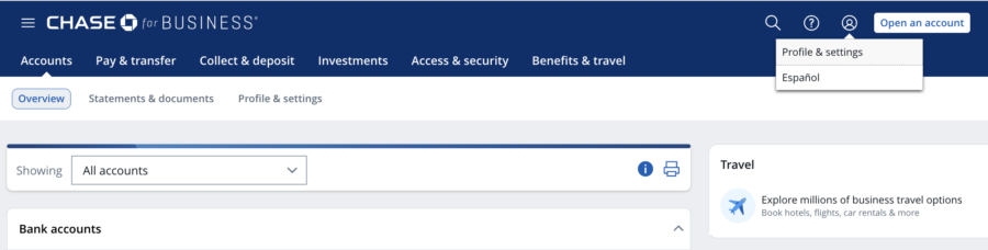 Screenshot of Chase account dashboard with Profile & Settings option highlighted