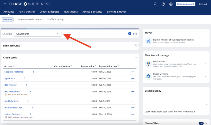 Screenshot of Chase account dashboard with an arrow pointing to the dropdown filter