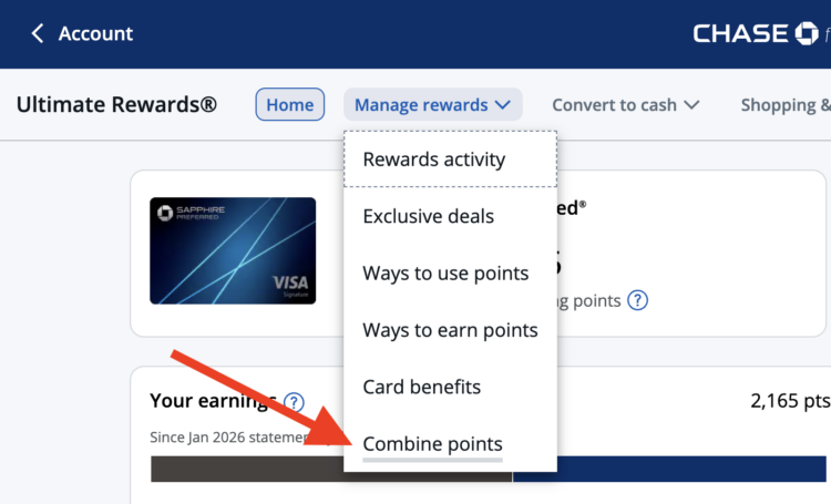 Screenshot of Chase Ultimate Rewards page highlighting option to Combine Points