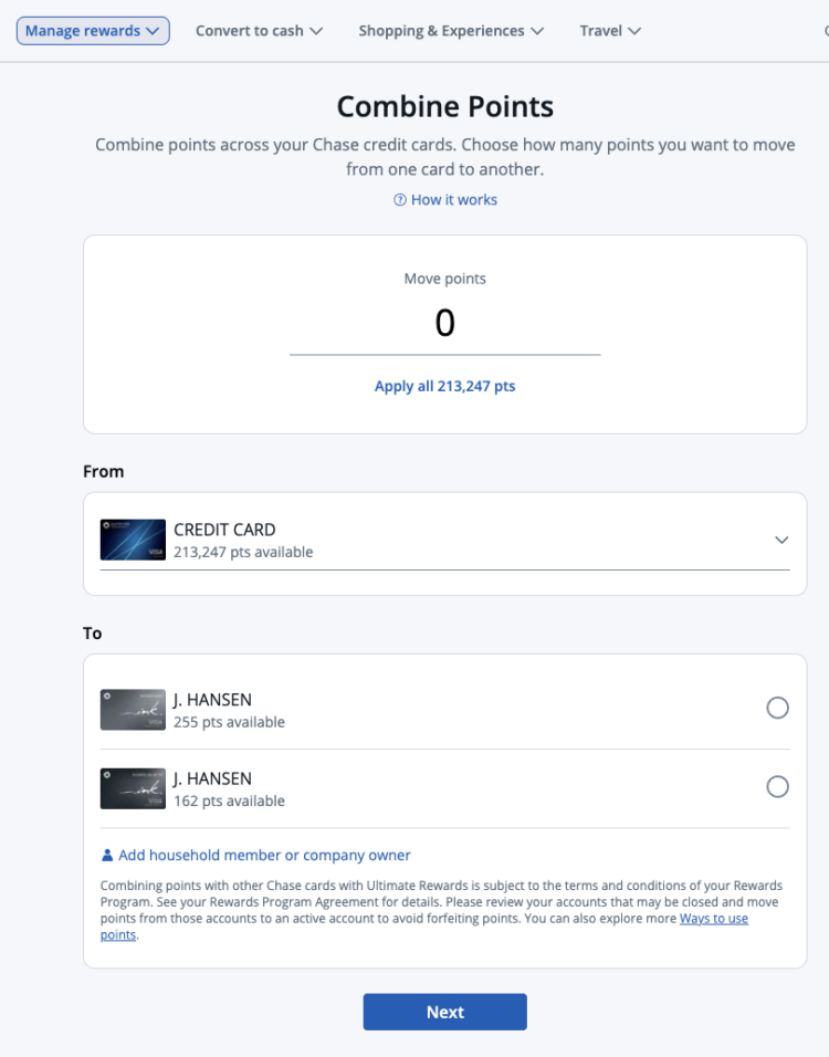Screenshot of Chase Combine Points tool