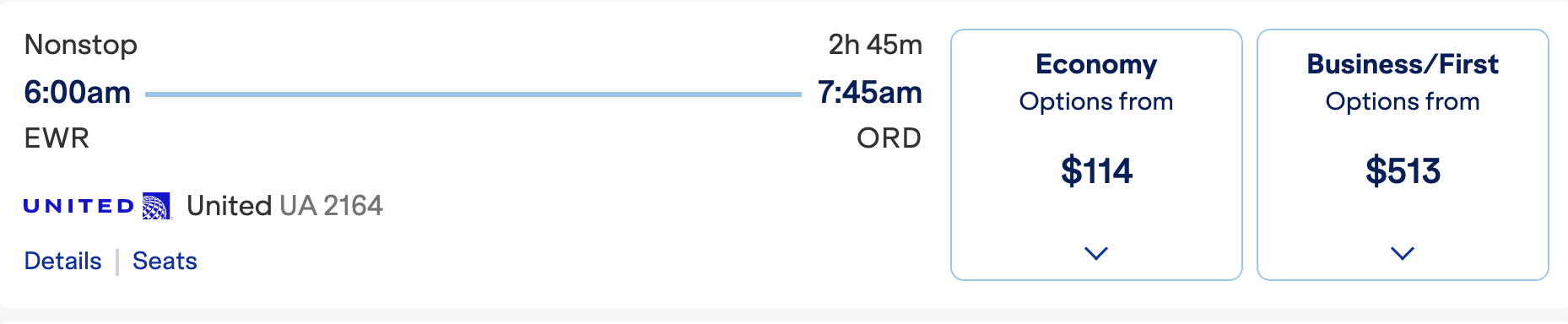 ewr-ord on United on JetBlue website
