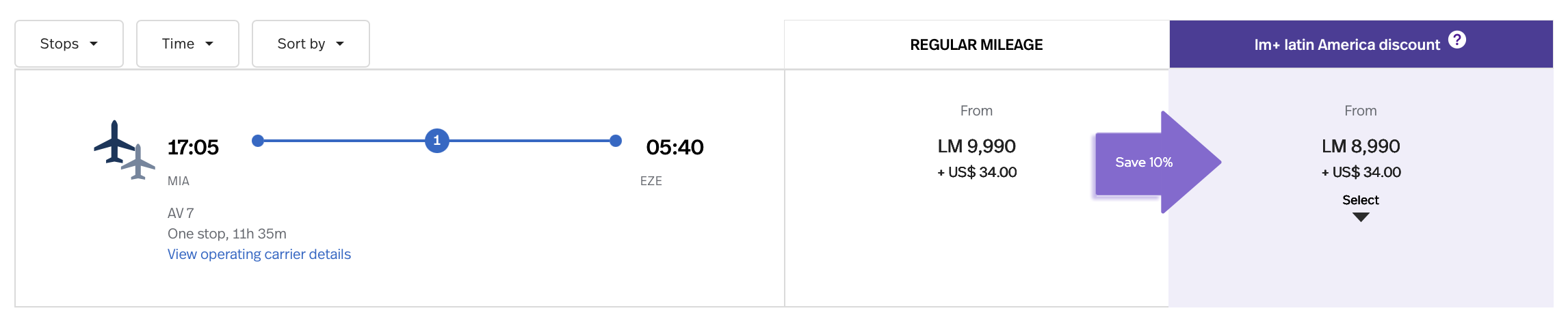 Screenshot of LifeMiles award sale from MIA to EZE