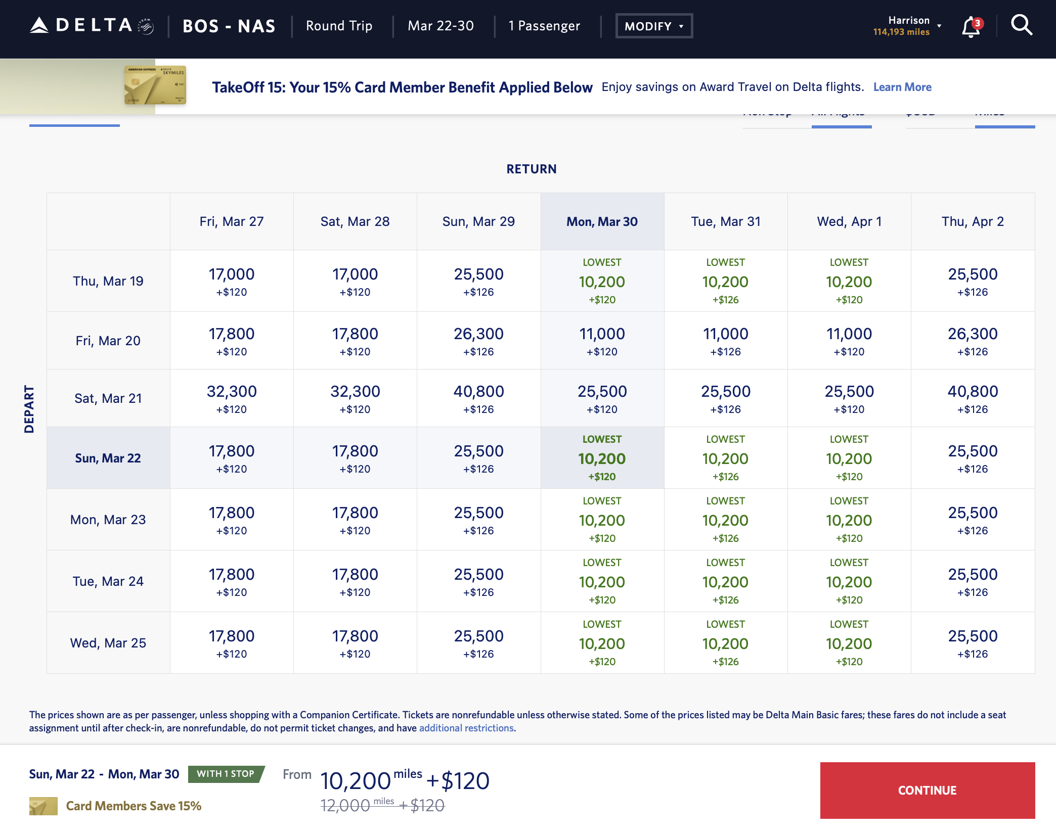 Screenshot of Delta flash award sale availability