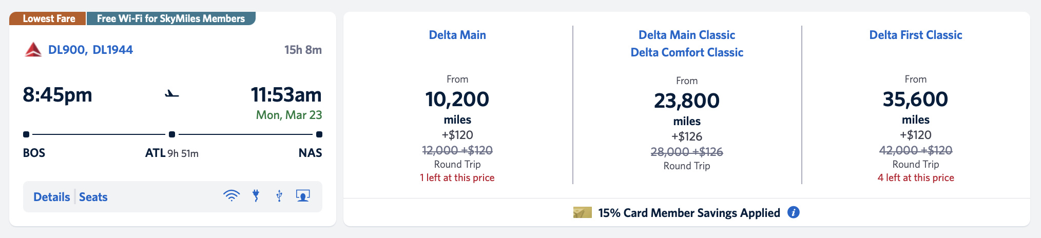 Screenshot of Delta award sale results with cardholder discount