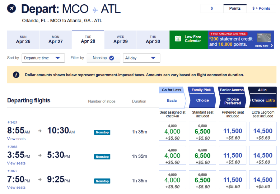 Screenshot of Southwest award search results showing zero discount despite applying discount code