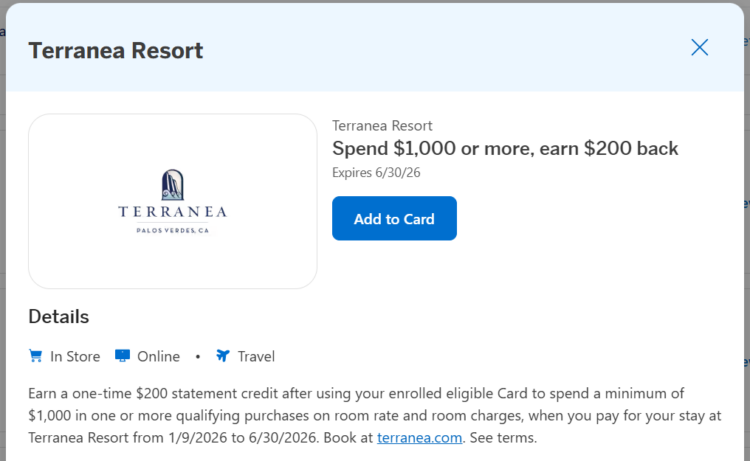 Screenshot of Amex Offer for Teranea Resort