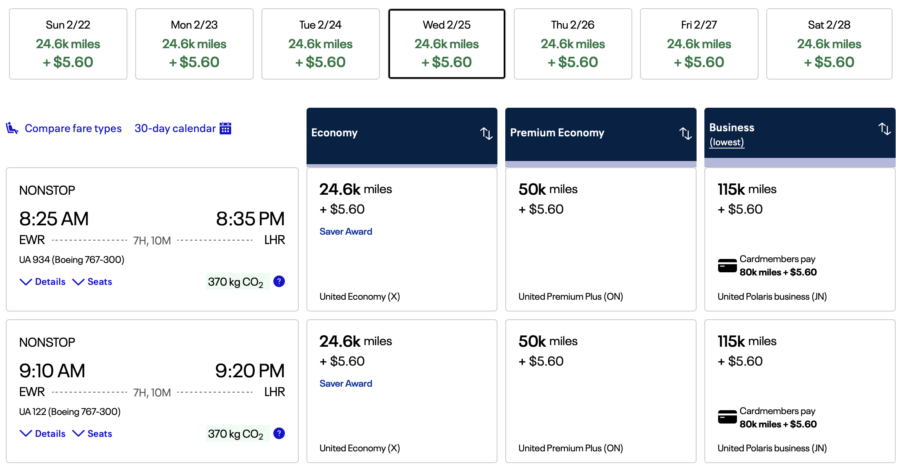 United award from EWR to LHR.