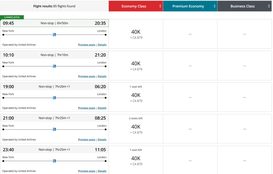 Screenshot of Aeroplan award pricing from Newark to London showing 40,000 points in economy