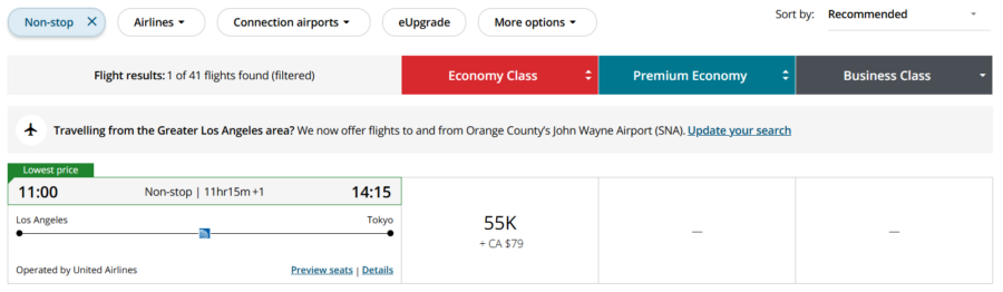 Screenshot of former Air Canada award pricing on United from Los Angeles to Tokyo