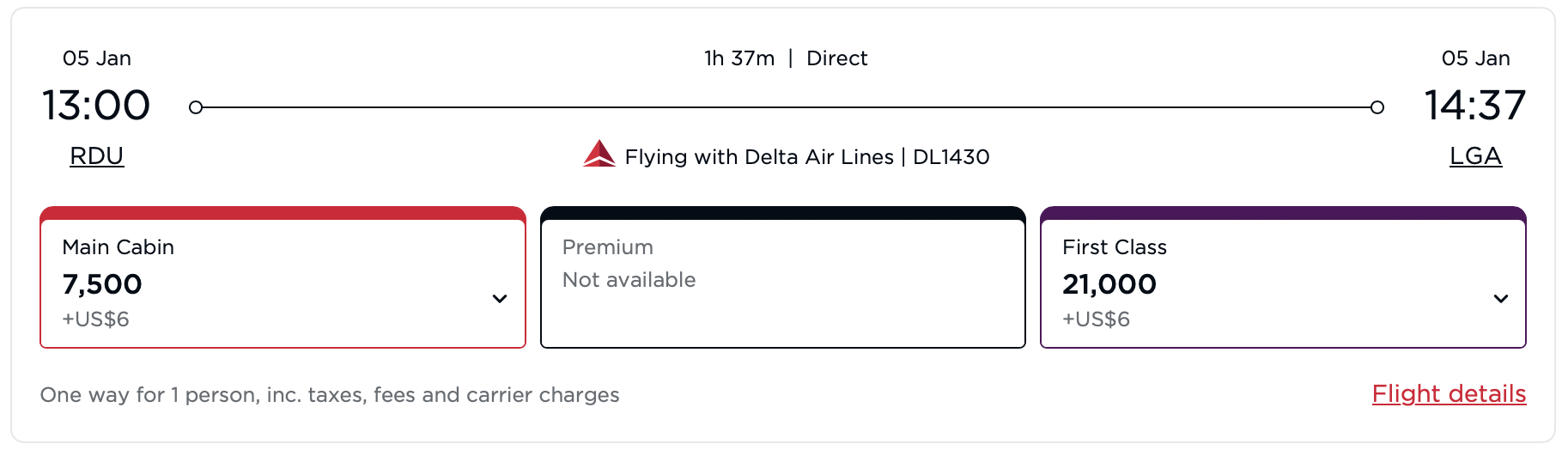 Virgin Atlantic award -- RDU to LGA on Delta