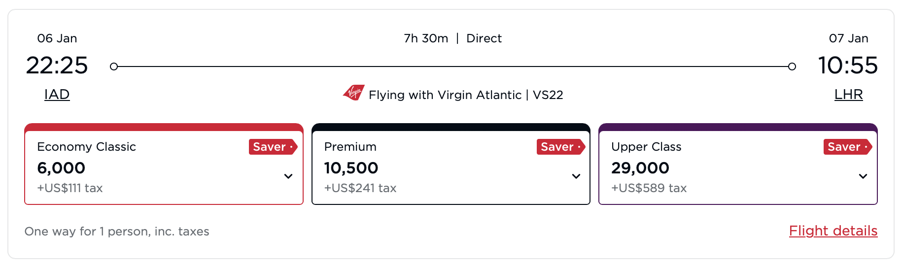 Virgin Atlantic award from IAD to LHR.