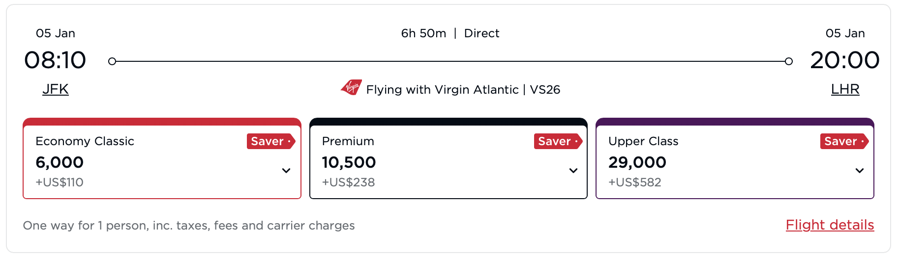 Virgin Atlantic award -- JFK to LHR