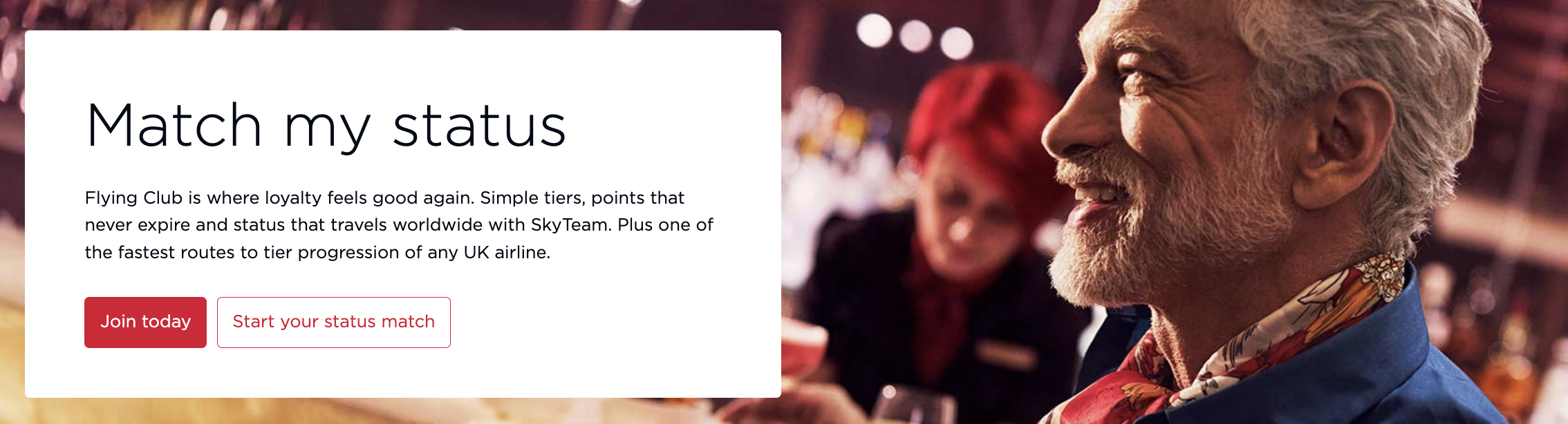 Virgin Atlantic Flying Club status match promo banner.