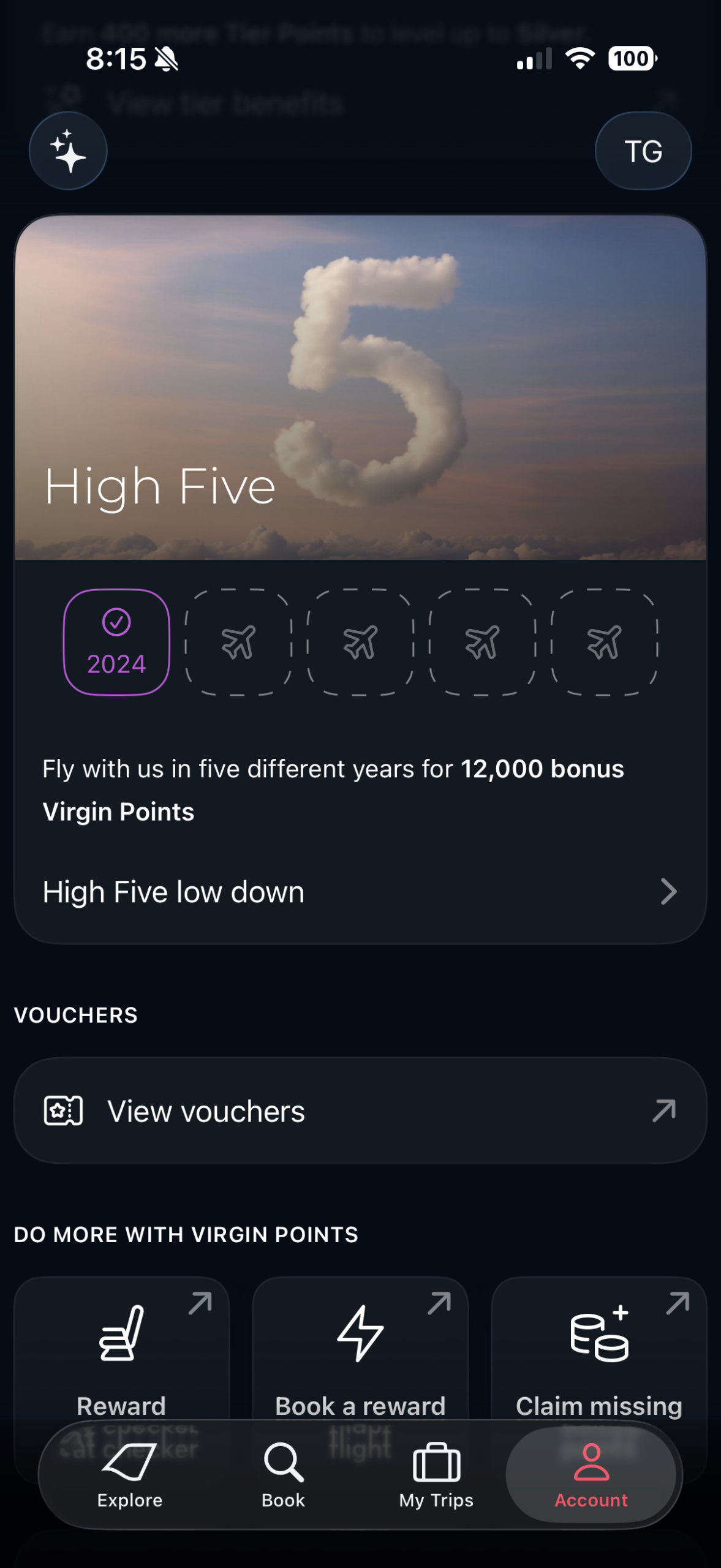Screenshot of Virgin Atlantic mobile app High Five benefit