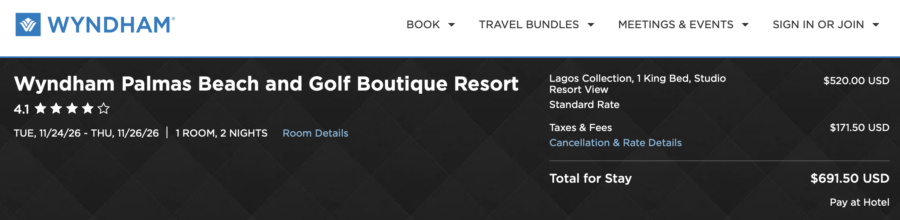 Wyndham Palmas Beach and Golf Boutique Resort cash rates.