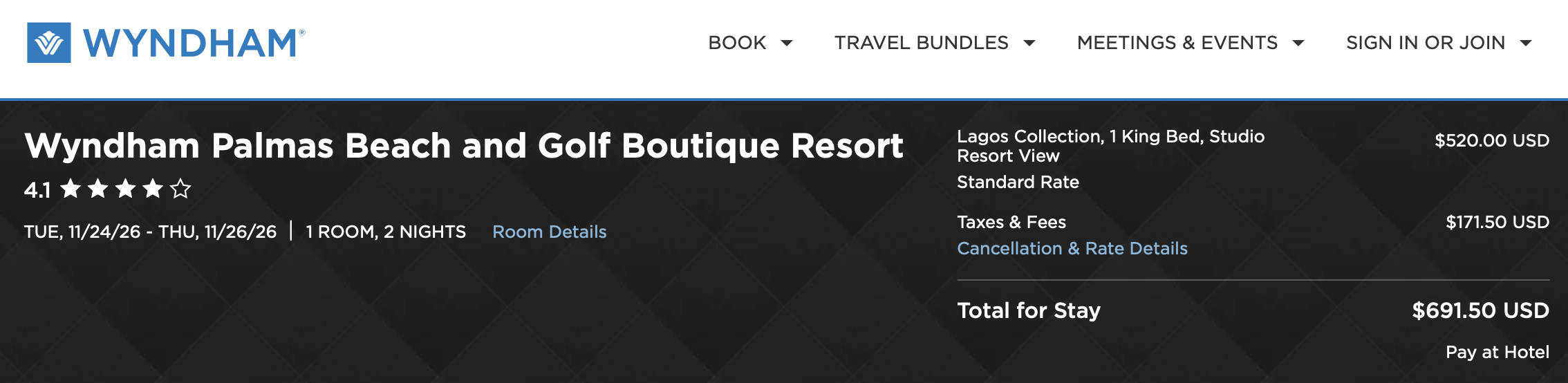 Wyndham Palmas Beach and Golf Boutique Resort cash rates.