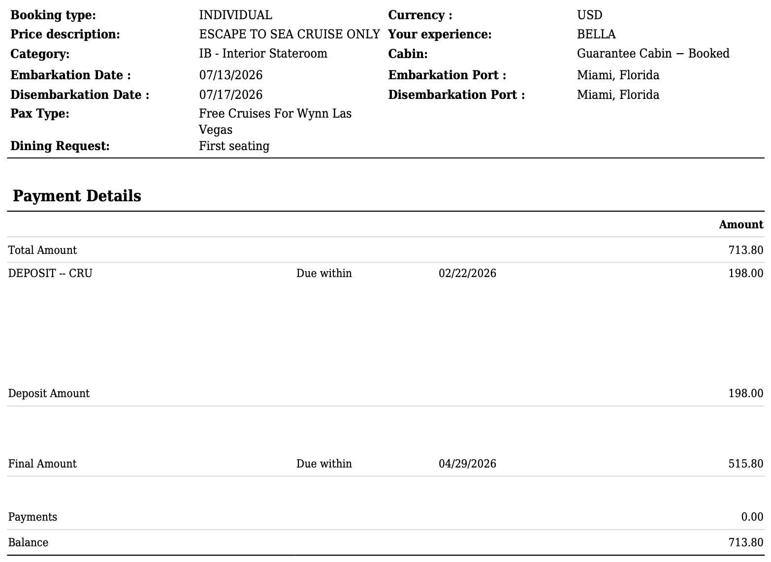 Total for MSC Cruise booked through Wynn (with member discount).