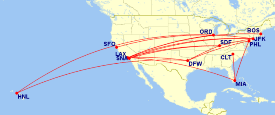 Map of domestic routes where American Airlines is flying lie-flat seats in April 2026