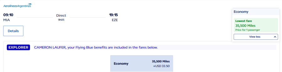 Booking Aerolineas Argentinas with Flying Blue miles