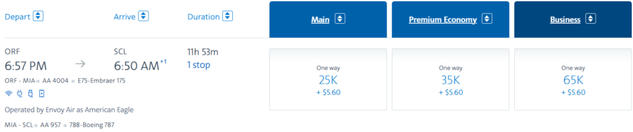 Screenshot of American Airlines AAdvantage award pricing from Norfolk to Santiago on American Airlines