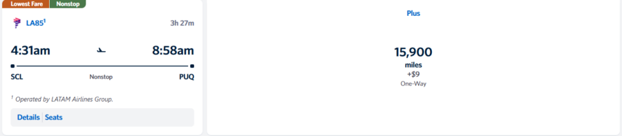 Santiago to Punta Arenas flying Latam with Delta Skymiles. Screenshot of Delta.