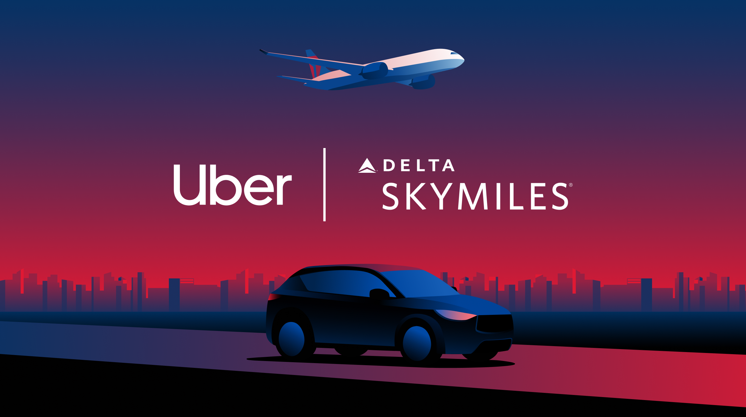 A cartoon representation of a car on a road accompanied by a Delta Air Lines aircraft flying in the sky with the logo for Uber and Delta SkyMiles at center