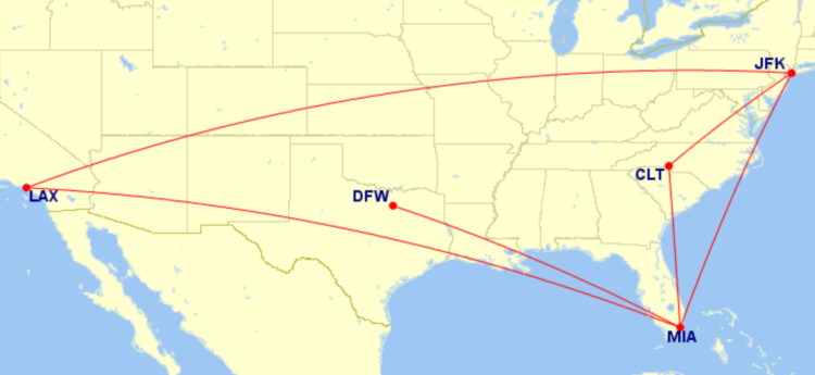 Map of domestic routes where American Airlines is flying lie-flat seats on 777-200 in May 2026