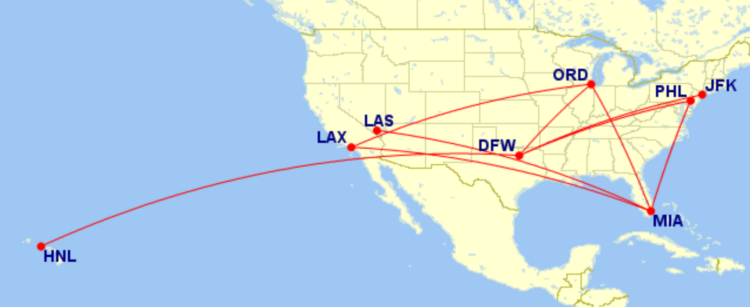 Map of domestic routes where American Airlines is flying lie-flat seats on its Boeing 787-8 aircraft in May 2026