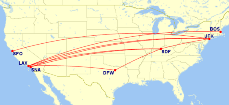 Map of domestic routes where American Airlines is flying lie-flat seats on A321T in May 2026