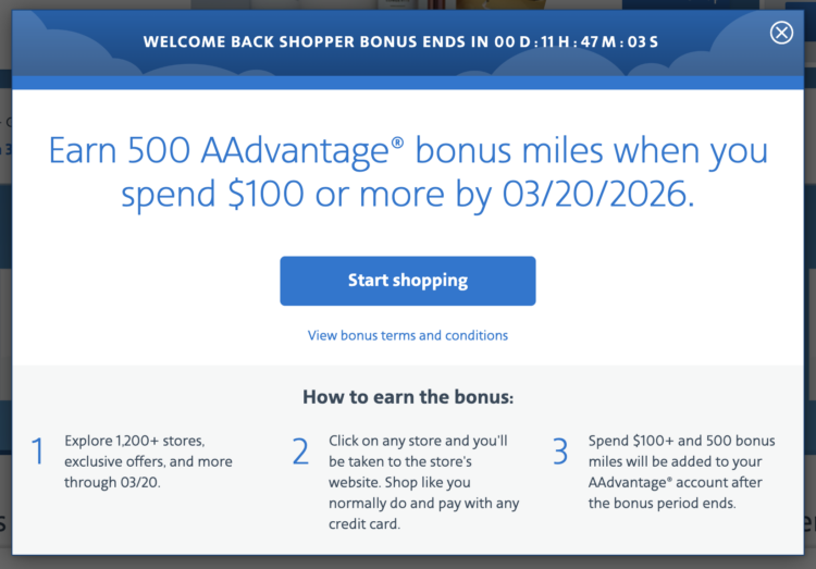 AAdvantage Portal Welcome Back Shopper bonus