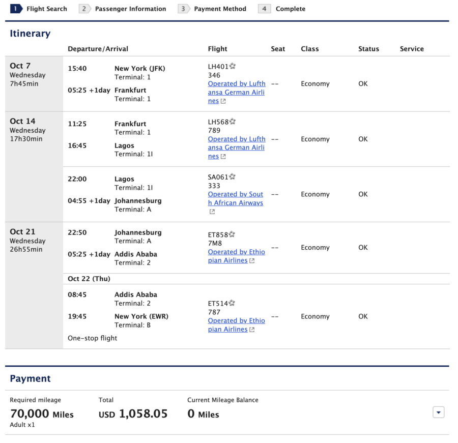 ANA Mileage Club award ticket from New York to South Africa