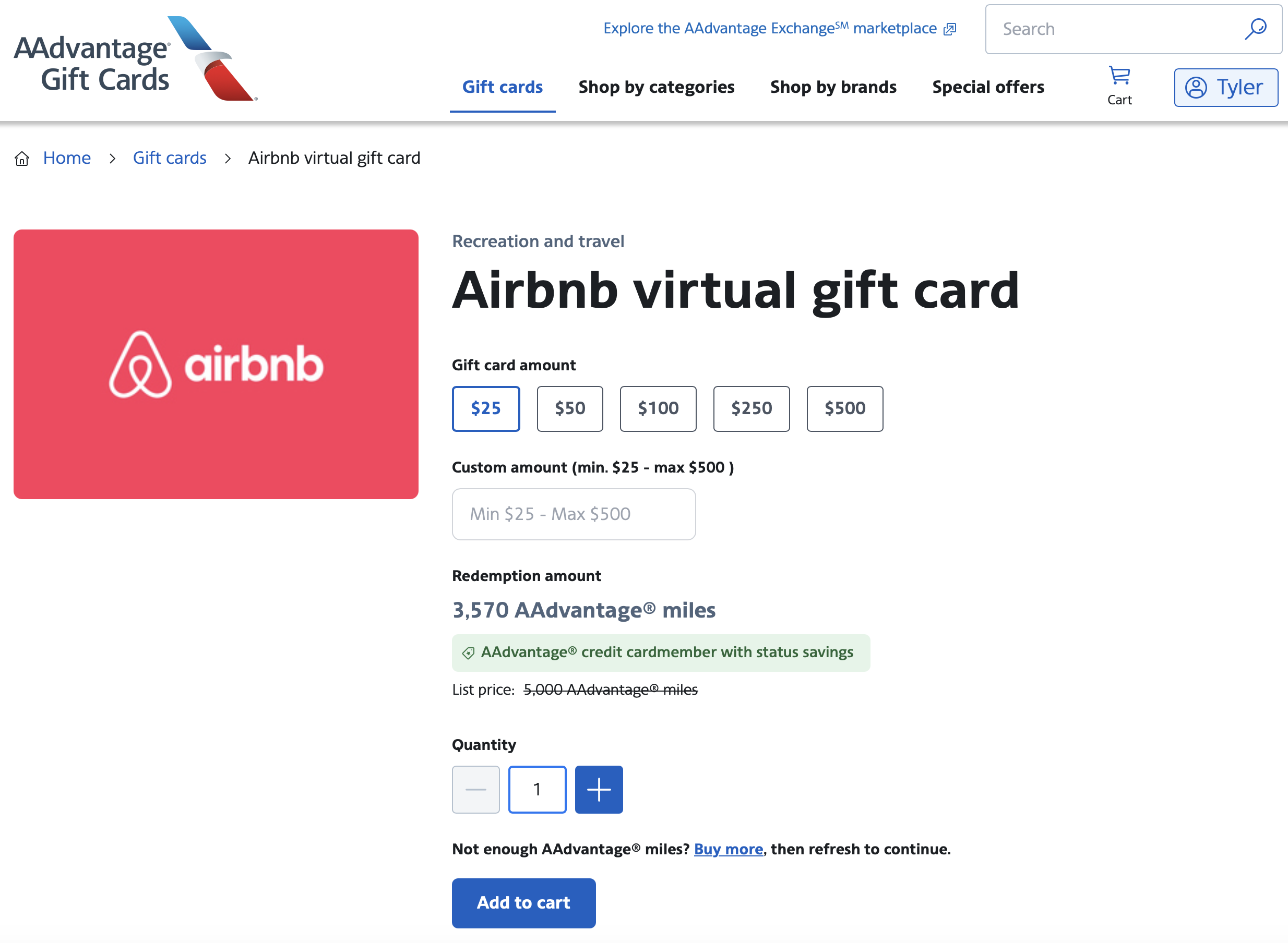 AAdvantage Gift Cards Airbnb gift card.