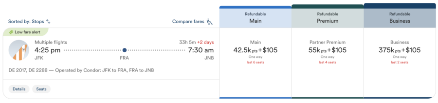 Alaska Airlines award itinerary from New York to Johannesburg