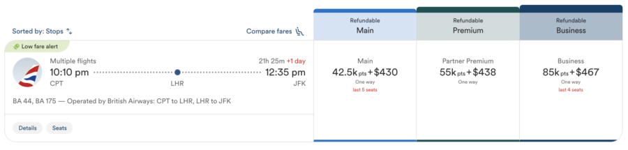 Alaska Airlines itinerary from Cape Town to New York