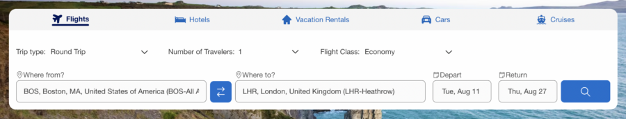 Screenshot of Amex Travel portal flights booking
