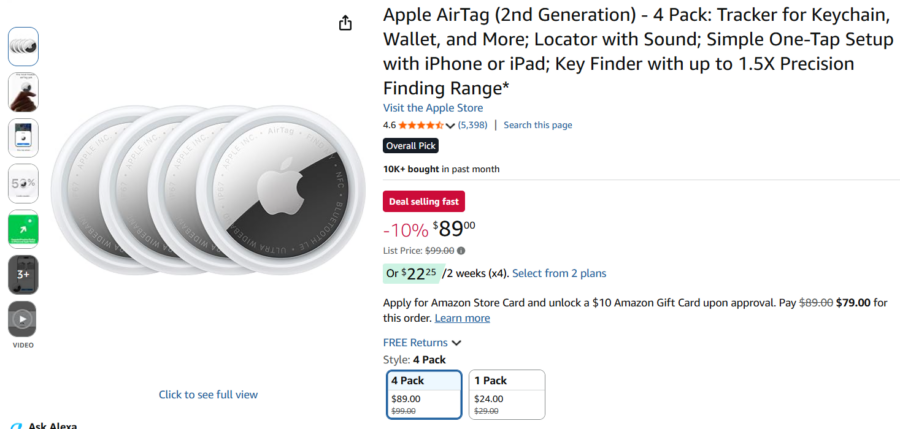 Screenshot of Amazon page for Apple AirTags discounted during Amazon Big Spring Sale