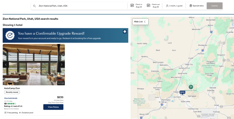 Screenshot of Hilton's website showing an AutoCamp property ready to book