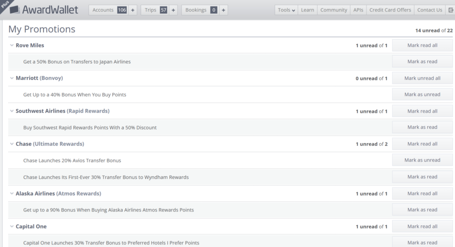 Screenshot of AwardWallet My Promotions page