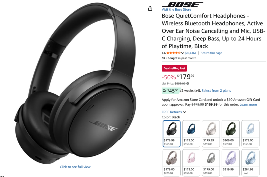 Screenshot of Amazon page for Bose QuietComfort Bluetooth Headphones discounted for Amazon Prime Day