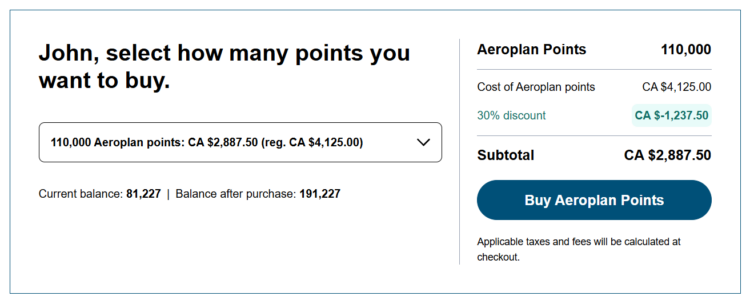 Screenshot of example of buying Aeroplan points at 30% discount