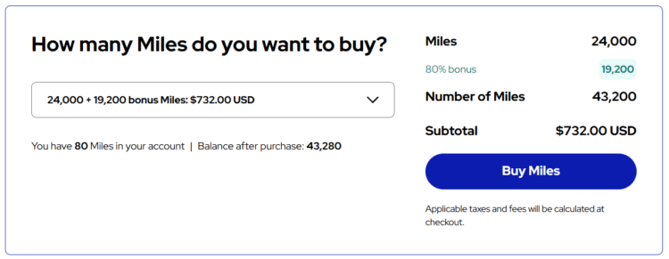 Screenshot of buying 24,000 Flying Blue miles with an 80% bonus