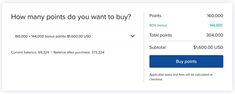 Example of buying the maximum number of Hilton Honors points with a 90% bonus