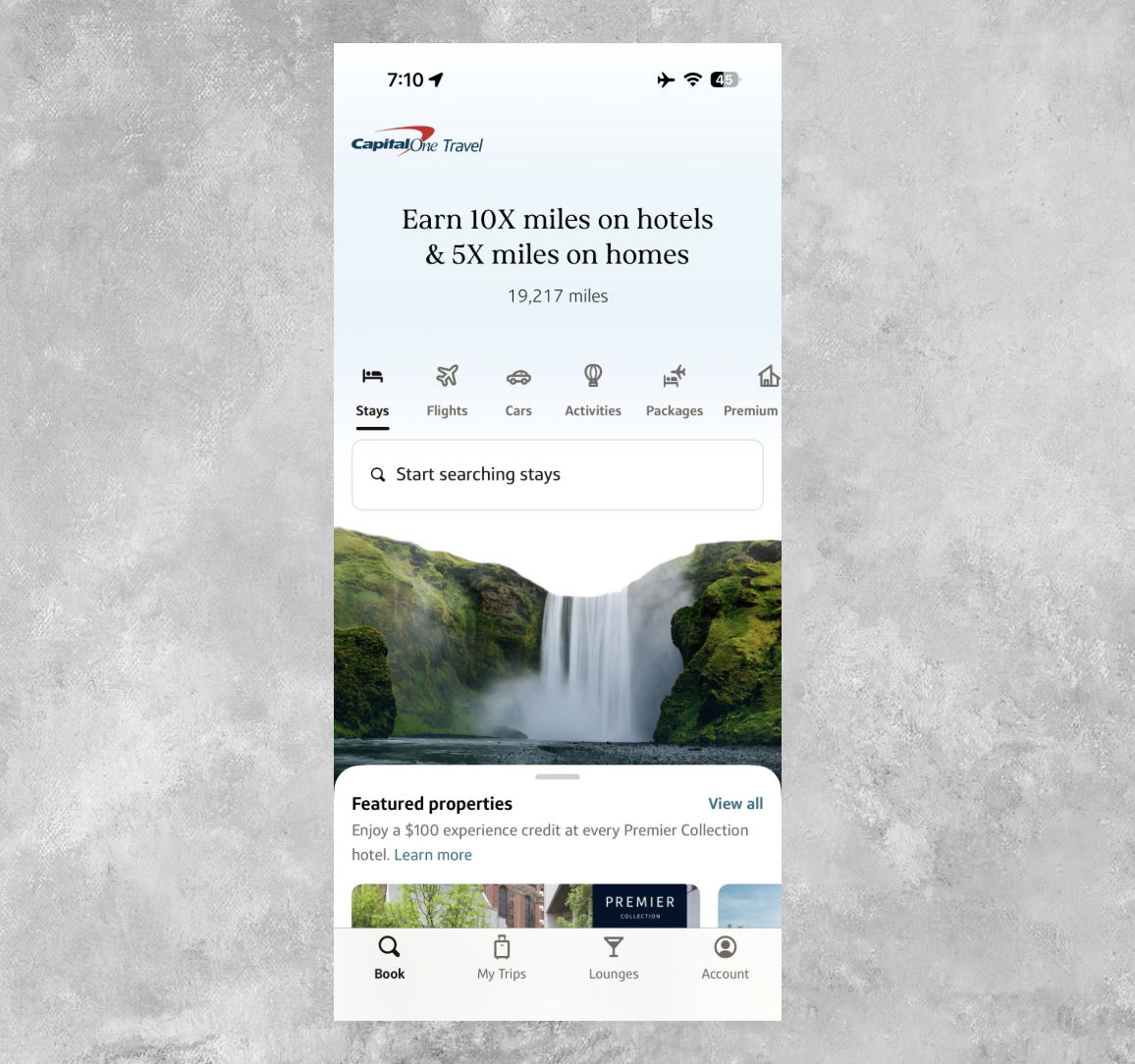 Capital One Travel app home screen.