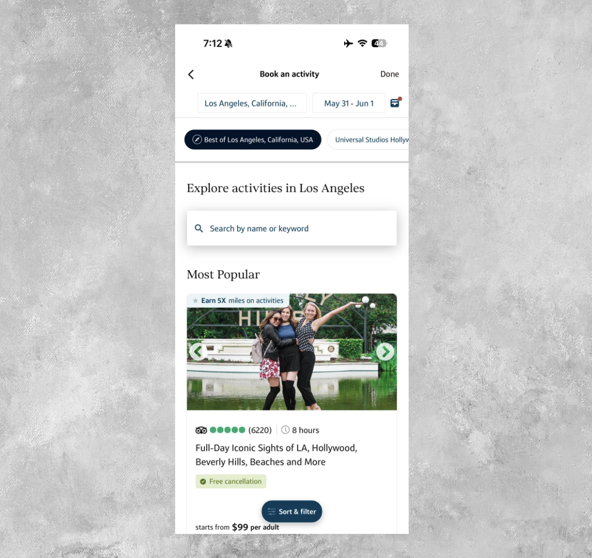 Capital One Travel activity booking window.