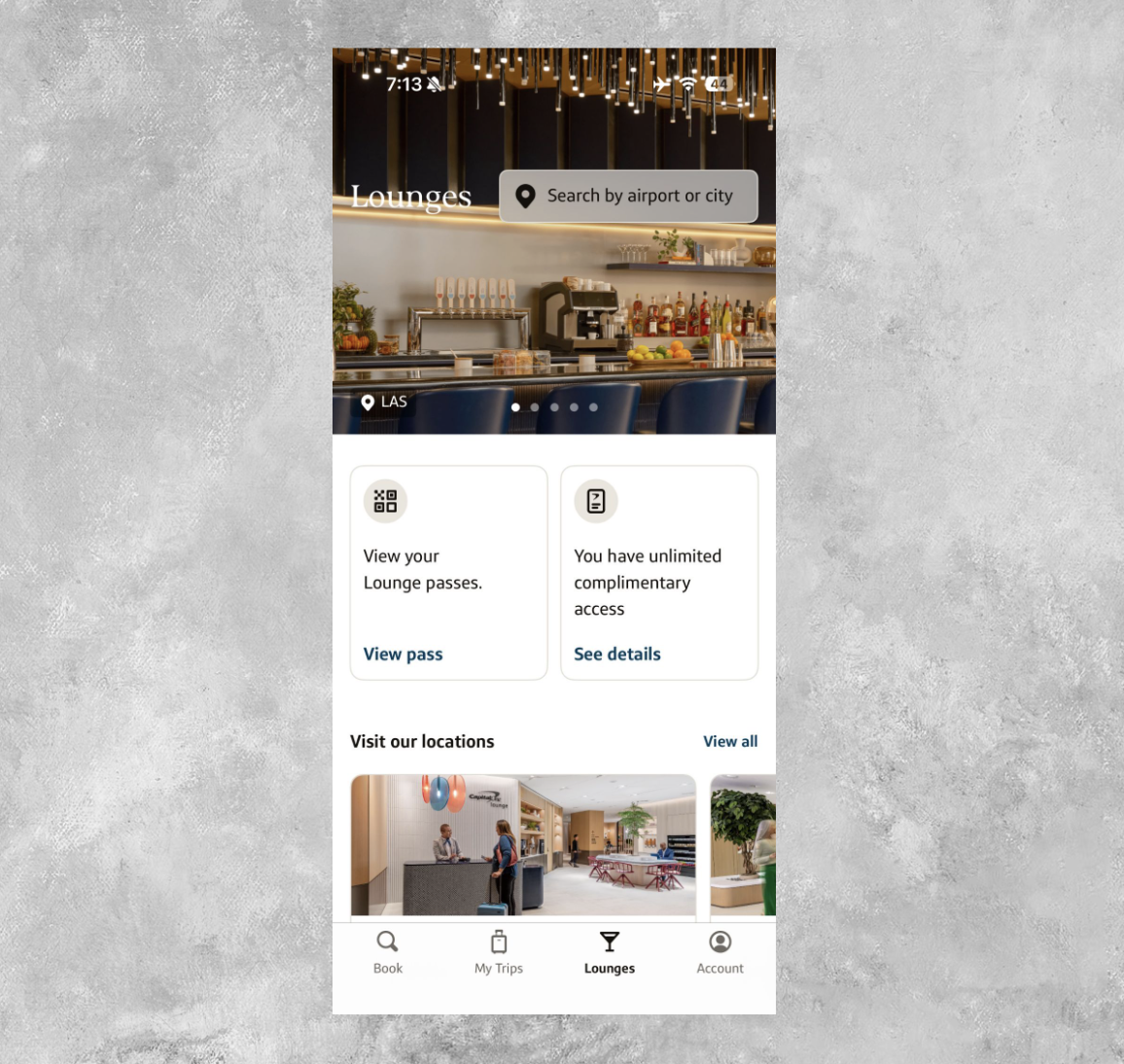 Capital One Travel app lounge home screen.