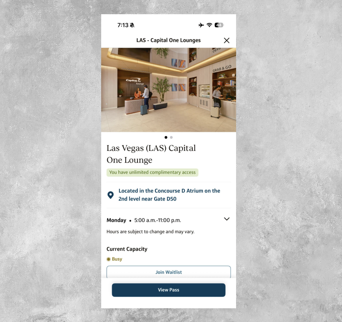Capital One Travel app showing details for LAS lounge.